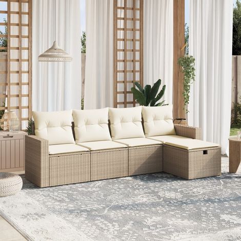 5-tlg. Garten-Sofagarnitur mit Kissen Beige Poly Rattan (1/4)