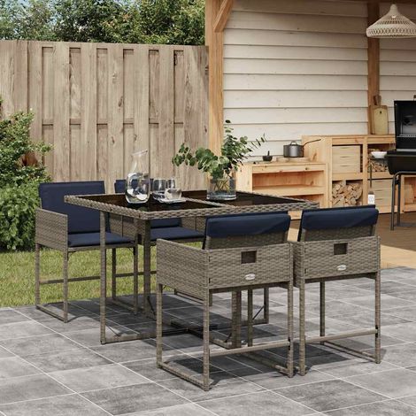 Ensemble repas de jardin 5 pièces en résine tressée gris avec coussins bleu marine - PANGIVO (1/5)