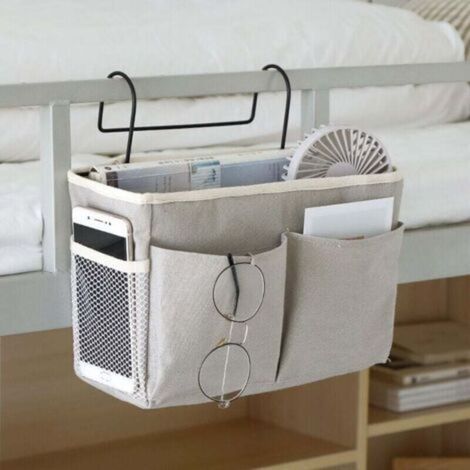 Tasca da letto grigia, organizer da comodino monopezzo, borsa portaoggetti da appendere al letto, impermeabile, tasca da letto per dormitorio, divano, riviste, occhiali, libri, telefono, diari