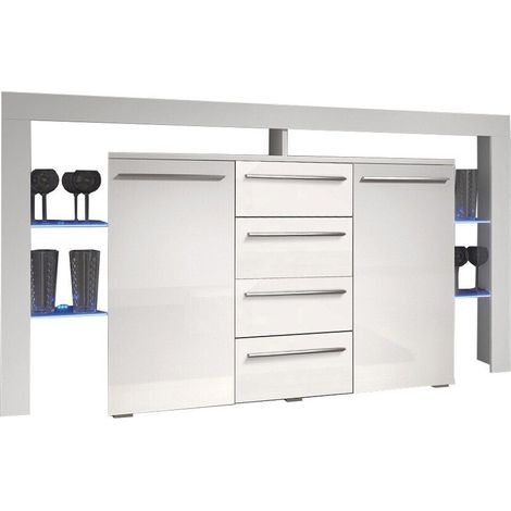 Cómoda Aestas, Blanco + Blanco brillante, Con cajones y puertas, Número de cajones: 4, 94x170x45cm, LED