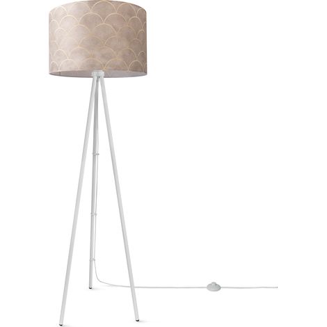 Paco Home Stehlampe Wohnzimmer Lampenschirm Stoff Stehleuchte Leselampe Abstrakt Vintage Design 8 (Ø45,5 cm), Stehleuchte Dreinbein - Weiß