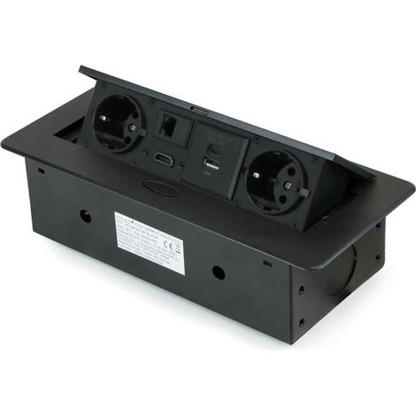 Emuca Multiconector Atom 26, 225x111mm, 2 enchufes tipo Schuko, 1 USB tipo A, 1USB tipo C, 1 RJ45, 1 HDMI, Zamak-Acero-Plástico, Negro -