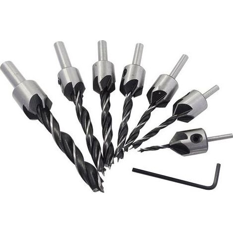 7pcs Fraise Bois Mèche à Bois 5 Flûte Foret Conique Set en HSS Acier à Haute Vitesse à Bois Aésoir Chanfreinage Outil 3 4 5 6 7 8 10mm Avec Clé Hexagonale (1/4)