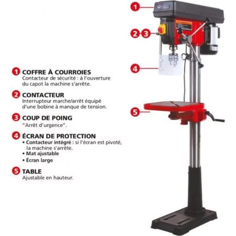 Drakkar Equipement – Perceuse à colonne monophasée 750W – Capacité de perçage max Ø 20 mm – 16 vitesses de 180 à 2770 tr/min – Moteur puissant pour matériaux durs