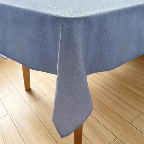 Nappe lavable aspect lin 140x300 cm Bleu, hydrofuge, lavable en machine