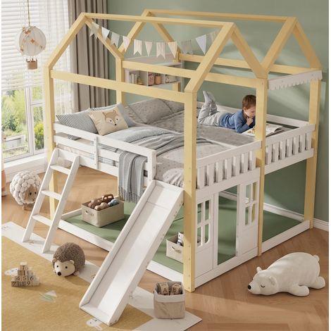 Cama alta infantil 90x200 cm blanca y madera con tobogán, sin colchón - CHICFURN (1/5)