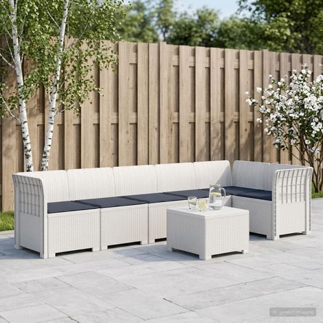 Canapé de Jardin Modulable 6 Places Aspect Rotin PP avec Coussins Blanc et Gris - PANGIVO (1/5)