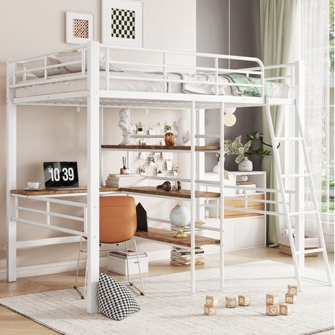 Hochbett 90x200 cm weiß aus Metall mit Schreibtisch, Regalen, Leiter und Geländer (1/5)