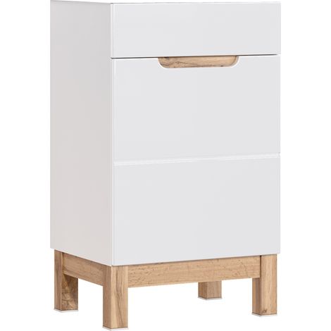 Waschtischunterschrank 50 cm SOLNA-56 Hochglanz weiß mit Wotaneiche, B x H x T ca. 50 x 84 x 39cm (1/5)