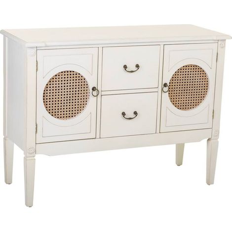Console en bois blanc avec portes en cannage et tiroirs élégants - blanc antique et cannage naturel