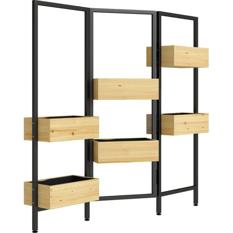 Panneau de séparation pliable 3 panneaux avec 6 bacs de rangement, paravent extérieur en bois naturel, trou d’évacuation et doublure incluse. (1/5)
