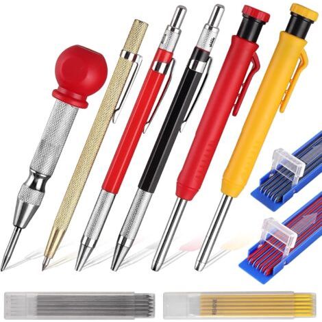Crayon de Charpentier avec Poinçon Central Pointe en Carbure Crayons Charpentier Mécanique Trou Profond 24pcs Recharges Crayons de Menuisier Solide Outil de Marquage Taille-Crayon Intégré (1/5)