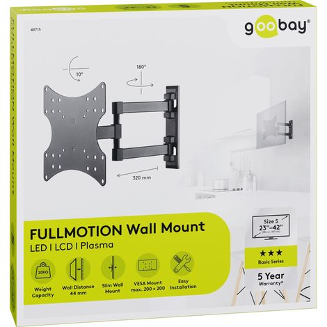 TV-Wandhalterung Basic FULLMOTION (S), Halterung für Fernseher von 23 bis 42 Zoll (58-107cm), vollbewegliches Doppelarmgelenk (schwenkbar und neigbar) bis 20 kg. (1/5)
