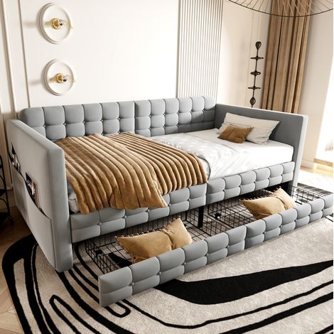 Canapé Lit 90x190 cm enfant avec 2 tiroirs et poches de rangement, sommier à lattes, velours - gris clair (1/5)
