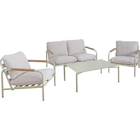 Salon de jardin ensemble canapé 2 places + 2 fauteuils + table en aluminium couleur vert clair avec coussins beige 040009584