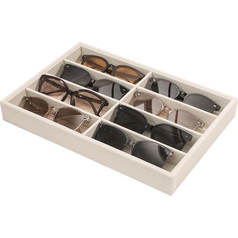 Boîte de rangement pour lunettes de soleil, plateau en velours beige, montres et bijoux, unisexe (8 compartiments) (1/5)