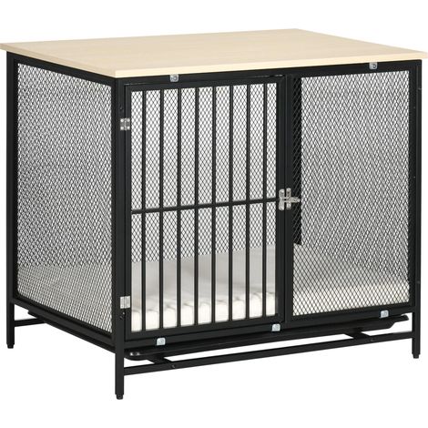 Cage pour chien, niche avec plateau, niche avec coussin, plateau de base extensible, cage de transport, chêne et noir, 80 x 55 x 71 cm