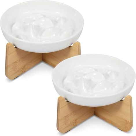Lot de 2 Gamelle Anti Glouton Chat Céramique Surélevée avec Support Bambou, Bol Poisson Anti Vomissement pour Petit Chien (1/5)