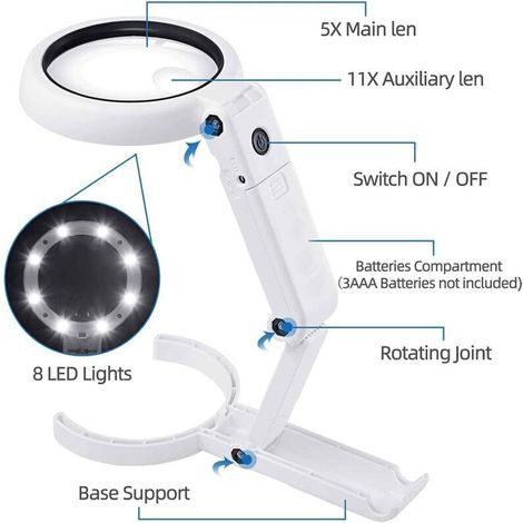 Lente d'ingrandimento per lettura e ispezione con supporto regolabile, ingrandimento 5×/11×, illuminazione a LED integrata (8 diodi), supporto pieghevole.