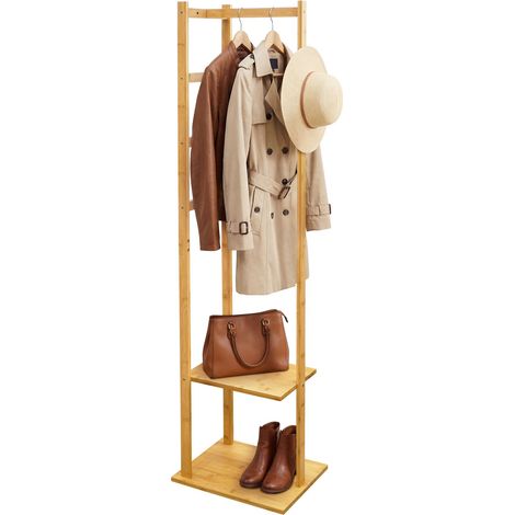 Relaxdays Garderobenständer Bambus & MDF, Kleiderständer, HBT 155 x 38 x 30 cm, 2 Ablagen, 3 Haken, Kleiderstange, natur