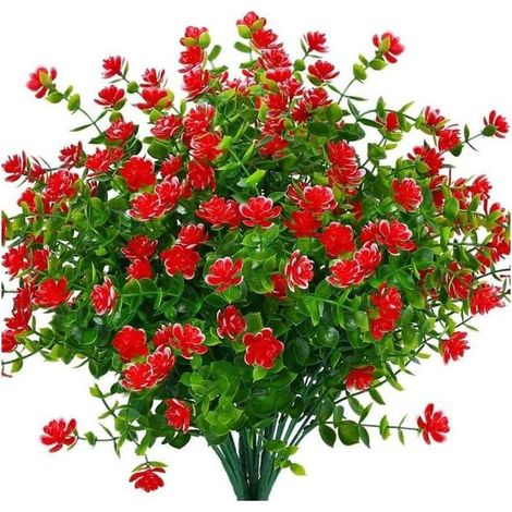 Lot de 12 fleurs artificielles en buis avec protection UV pour décoration intérieure et extérieure - Rouge (1/4)