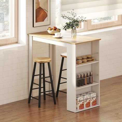Table de bar table haute de cuisine mange-debout comptoir 112L x 57l x 106H cm - aspect chêne clair blanc - 3 étagères