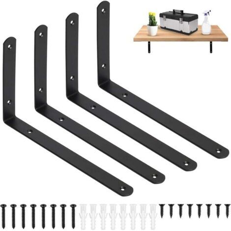 Lot de 4 supports d'étagère noirs - Fixation murale, support d'étagère en L à 90°, supports muraux robustes pour étagères, support pour étagère flottante, 25 x 14,6 x 2,4 cm (1/4)