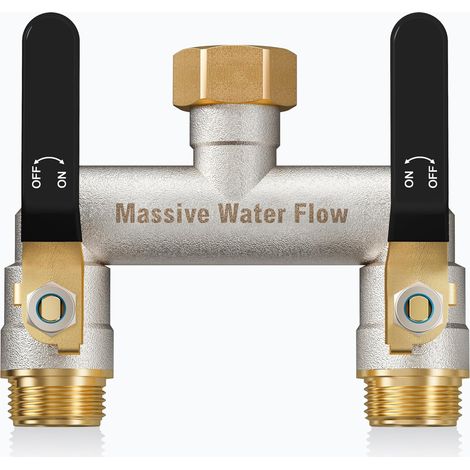 3voies Distributeur d'eau à double débit, distributeur 3/4 pouce, construction robuste en laiton nickelé, adaptateur de robinet extérieur haut poignée métallique allongée-poignée noire - 2 (1/5)