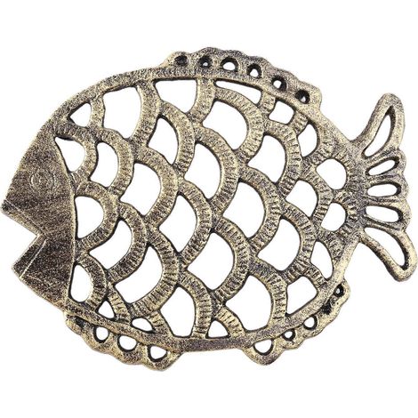 Dessous de plat en fonte à motif poisson, 19 x 15 cm, avec pieds en caoutchouc, idéal pour la vaisselle et les ustensiles de cuisine. (1/5)