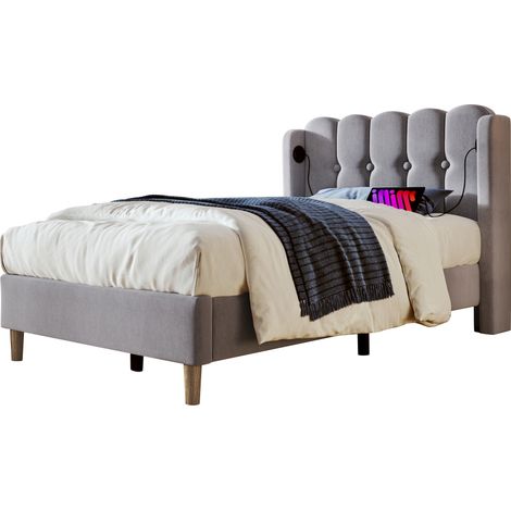 Letto Singolo 90 x 200 cm con USB e Tipo C, Testiera Imbottita, Materasso Incluso, Lino Grigio (1/5)