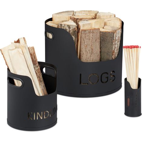Relaxdays – Panier à bûches jeu de 3 – Support bois de chauffage en acier noir – Dimensions 30,5 x 37 cm – Avec poignées pour transport facile