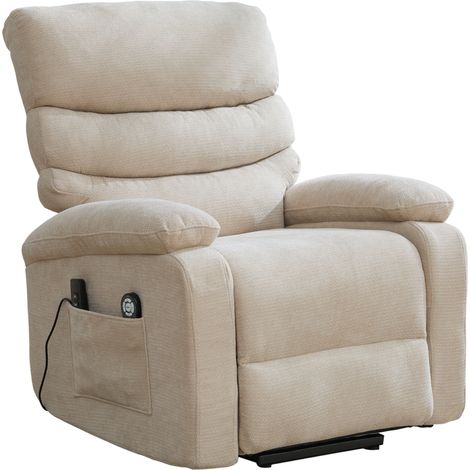 Fauteuil relax électrique multifonction avec aide au lever, fonction massage et chauffage, dossier et repose-pieds réglables électriquement, ainsi que poches de rangement latérales. Kaki clair (1/5)