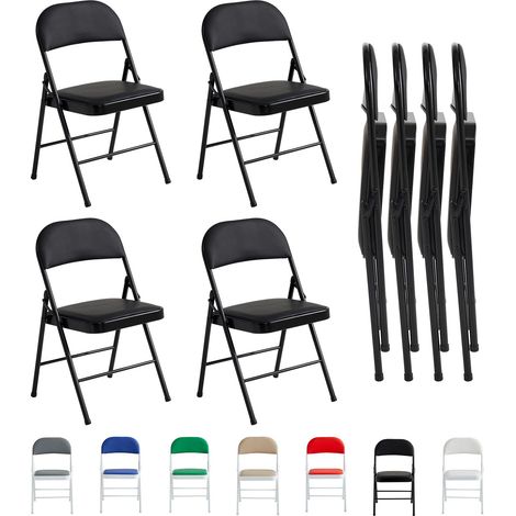 Set of 4 Faux Leather Foldable Chair with Metal Frame and Padded Seat BLACK