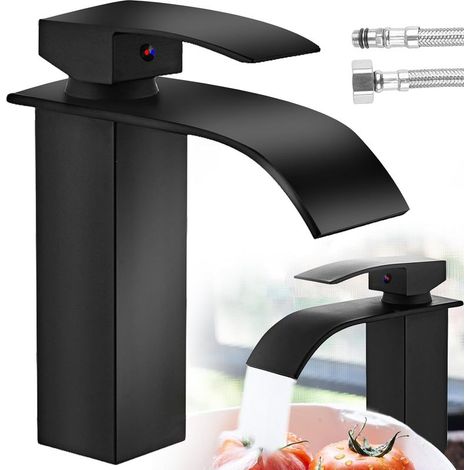 Mitigeur Cascade Noir Moderne pour Lavabo - Robinet de Salle de Bain Auralum - Convient pour les Lavabos encastrés (1/5)