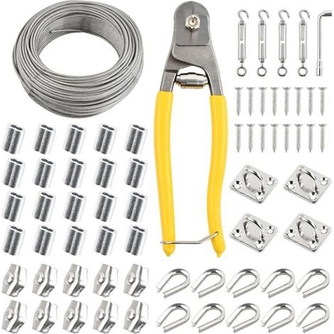 50m Serre Cable Acier, 67 Pcs Kit Gaine Cable 3mm 7x7 avec 4 Tendeur Cable, 20 Boucles Sertissage, 10 Cosses Cable, 10 Pinces, 4 Crochets Muraux, Clé, Coupe Fil, Cable INOX Rideau Fil Corde a Linge (1/4)