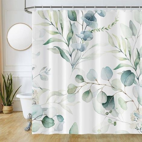 Cortina de ducha de 180x200 cm, cortina de ducha antimoho, estampado de hojas de eucalipto verde, cortina de bañera blanca, tejido lavable e impermeable (1/5)