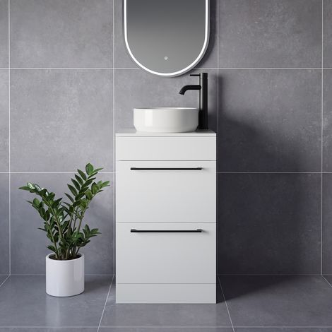 Napoli 390 Gloss White 500mm 2 Drawer Vanity Unit for Countertop Basins - 500mm - Matt Black 320mm Handle