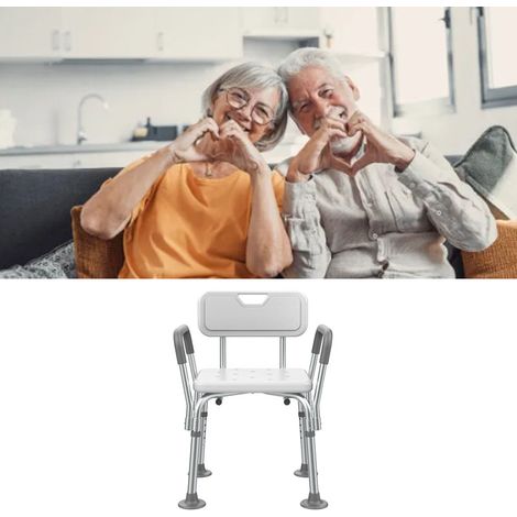 Chaise de douche avec accoudoirs et dossier rembourrés, réglable, antidérapante, avec trous de drainage. Chaise de bain confortable pour personnes âgées (sans coussin). (1/5)
