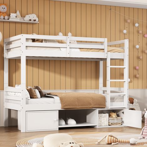 Lit superposé enfant 90x200 cm, lit jeune avec étagères à chaussures et casiers, blanc, sans matelas (1/5)