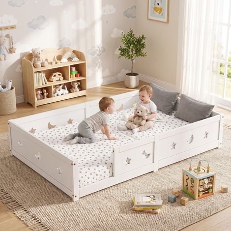 Montessori Lit de sol pour enfant 140x200 cm, Lit à Barreaux Étoiles et Lunes,Lit Caban avec Sommier à Lattes,Lit Simple 140x200 cm,Montessori Lit pour enfant en Bois Massif Pin,garçons et filles,Blan