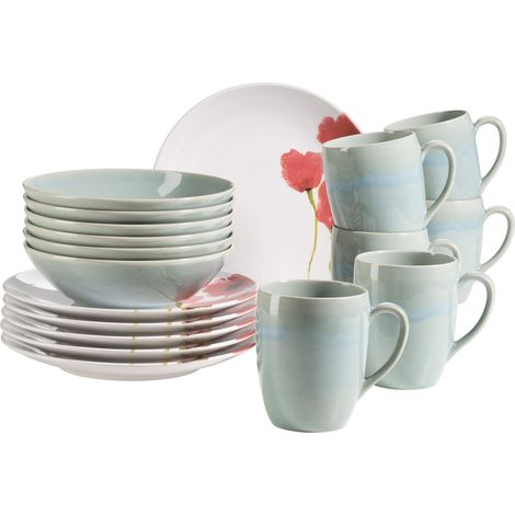 Service de table pour 6 personnes au look vintage partiellement décoré 18 pièces avec assiette à petit-déjeuner, bol à céréales et tasse à café grès (1/5)
