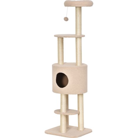 PawHut Katzenbaum mit Kratzstamm, Kletterbaum, Katzenhöhle, hochdichten Plüschplattformen, 148 cm hoch, beige