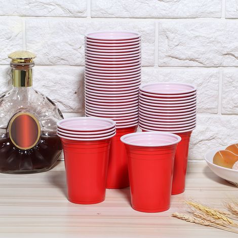 Lot de 50 gobelets jetables de 360 ml en plastique, parfaits pour les fêtes, les bars, les barbecues et les pique-niques (rouge). (1/5)