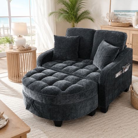 Divano letto 129,5x108,5x93 cm in legno di eucalipto nero con pouf contenitore MEUBLIV (1/5)