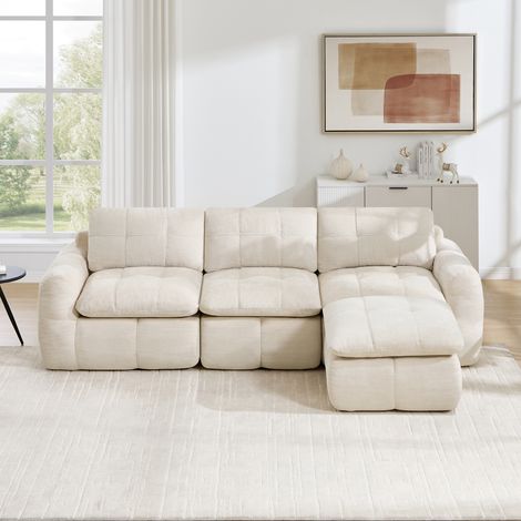 Canapé d'angle modulable en L 3 places avec 1 pouf, sans cadre ni montage, mousse 32D haute densité, revêtement en chenille pour salon, beige (1/5)