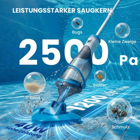 Aspirateur de piscine sans fil, nettoyeur automatique avec manche ajustable de 63 à 150 cm et brosse pour spas, petits bassins et piscines