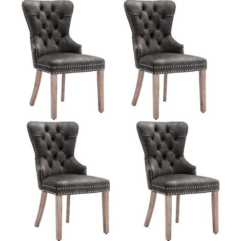 4 chaises velours gris cloutées - Salle à manger/cuisine - Dossier design avec heurtoir, pieds bois massif - Rembourrées (1/5)