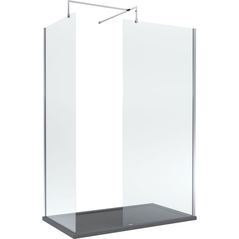 8mm Glass Walk In Wetroom Screens with Chrome Profile and Slate Grey Shower Tray - 1400 x 700mm