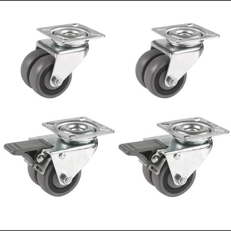 Lot de 4 roulettes pivotantes et pivotantes à frein jumelées caoutchouc gris 50 mm - 180 Kg (1/3)