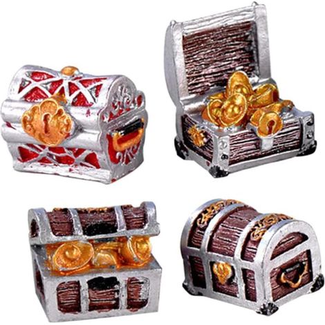 Ensemble de 4 mini coffres au trésor sur le thème des pirates - Ornements réalistes en résine pour aquarium d'eau douce, cachettes pour terrarium, petits accessoires ludiques et objets décoratifs. (1/5)